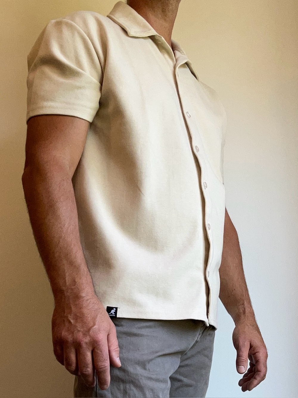 Kangol Men's Short Sleeve Button Down Knit Polo Shirt Beige L